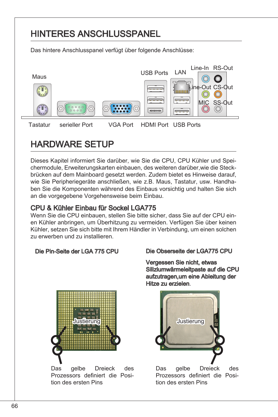 Hinteres anschlusspanel, Hardware setup | MSI G41M-P34 User Manual | Page 66 / 153