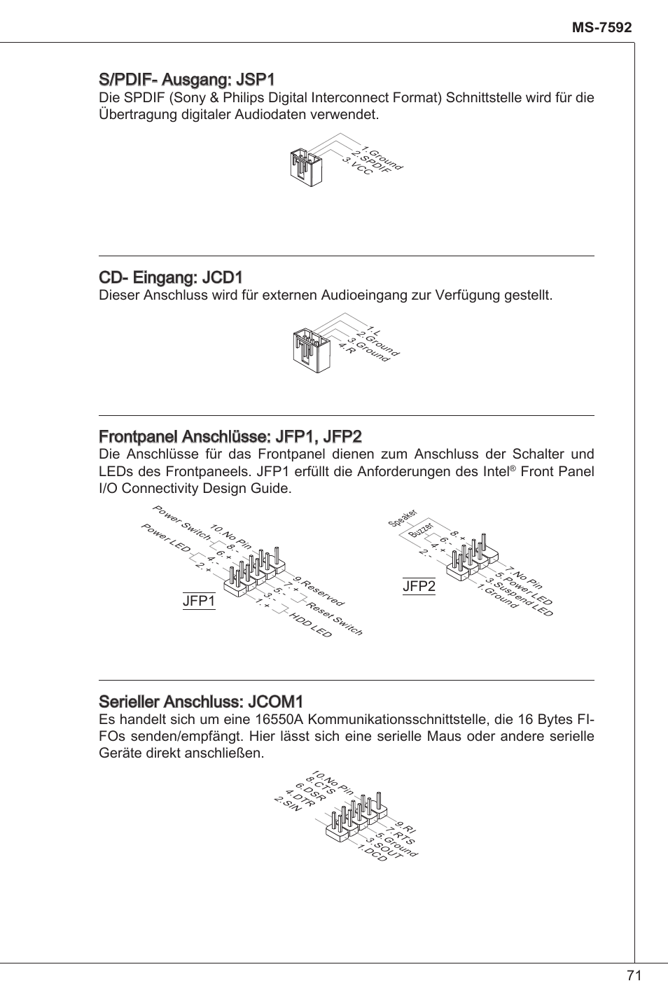 S/pdif- ausgang: jsp, Cd- eingang: jcd, Frontpanel anschlüsse: jfp, jfp2 | Serieller anschluss: jcom, Front panel i/o connectivity design guide, Jfp2 | MSI G41M-P34 User Manual | Page 71 / 153