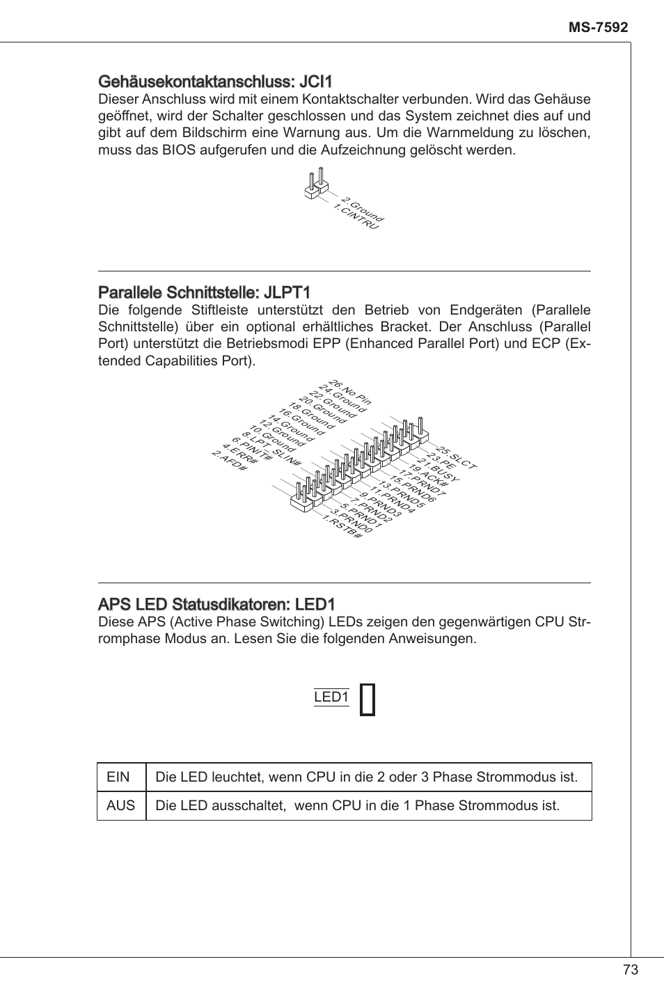 Gehäusekontaktanschluss: jci, Parallele schnittstelle: jlpt, Aps led statusdikatoren: led | MSI G41M-P34 User Manual | Page 73 / 153