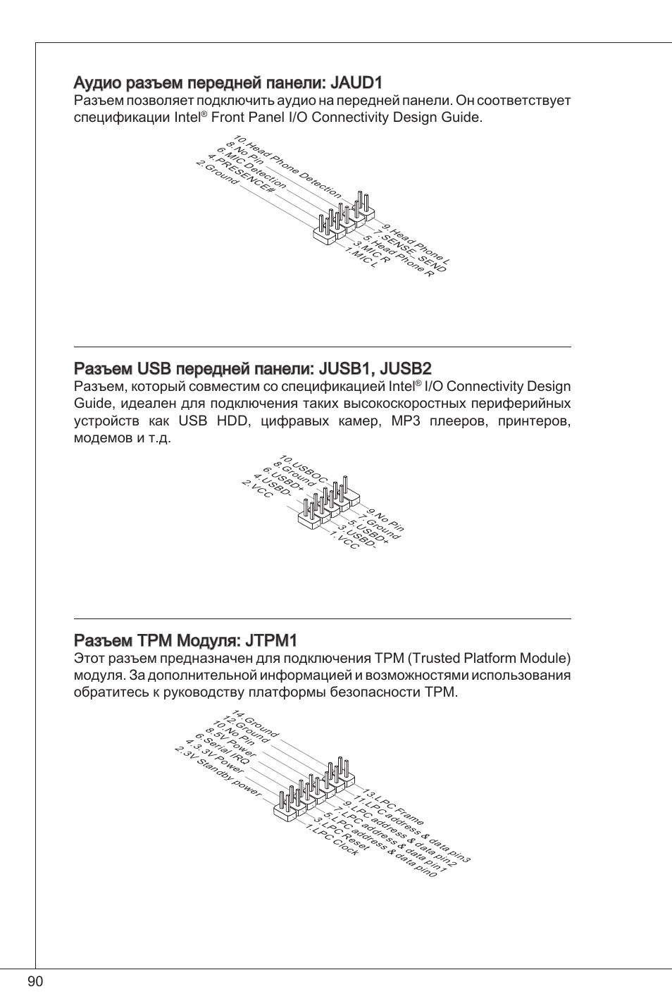 Аудио разъем передней панели: jaud, Разъем usb передней панели: jusb, jusb2, Разъем tpm модуля: jtpm | Front panel i/o connectivity design guide, Разъем, который совместим со спецификацией intel | MSI G41M-P34 User Manual | Page 90 / 153