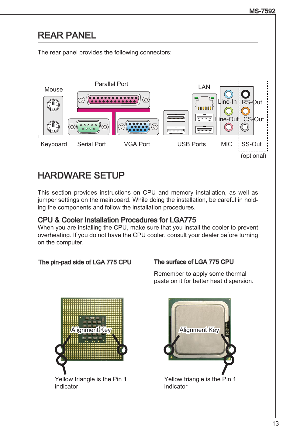 Rear panel, Hardware setup | MSI G41M-P26 User Manual | Page 13 / 155