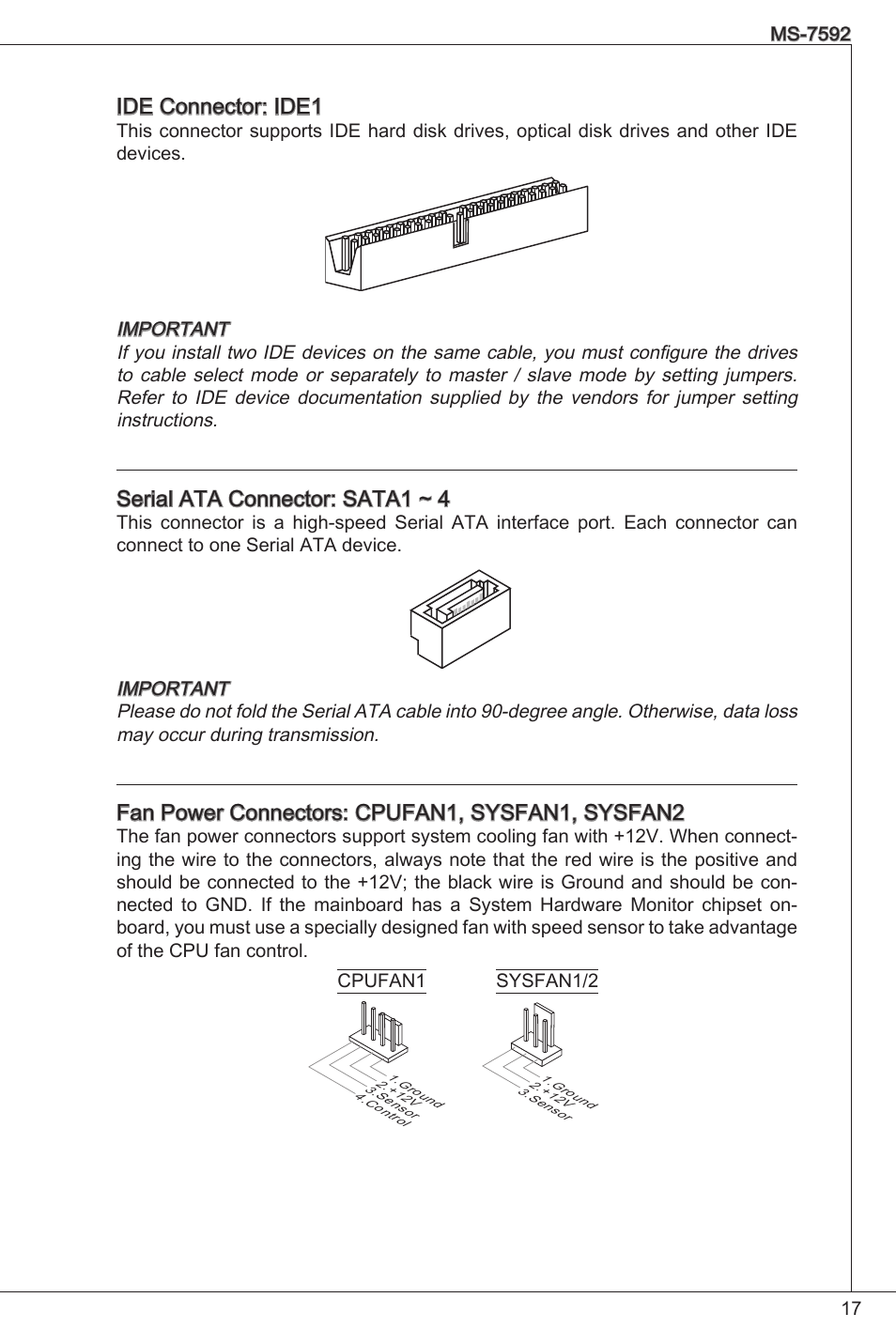 Ide connector: ide, Serial ata connector: sata ~ 4, Fan power connectors: cpufan, sysfan, sysfan2 | MSI G41M-P26 User Manual | Page 17 / 155