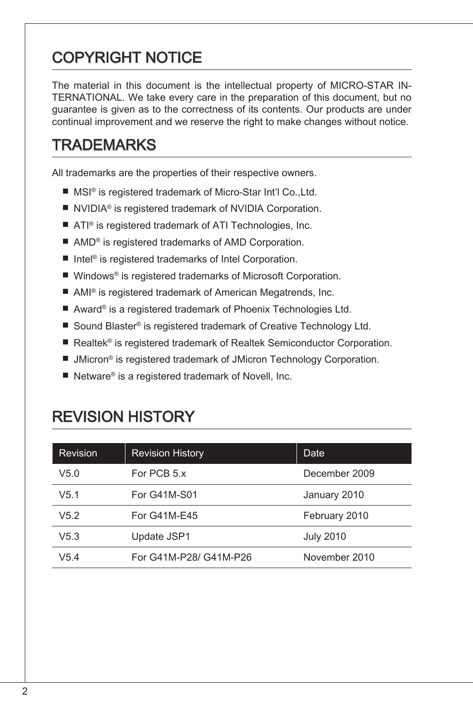 Copyright notice, Trademarks, Revision history | MSI G41M-P26 User Manual | Page 2 / 155