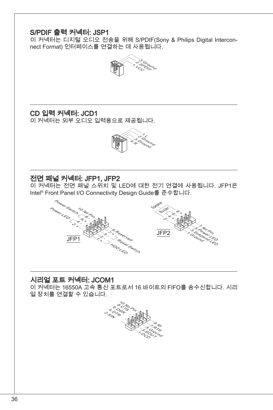 S/pdif 출력 커넥터: jsp, Cd 입력 커넥터: jcd, 전면 패널 커넥터: jfp, jfp2 | 시리얼 포트 커넥터: jcom, 이 커넥터는 외부 오디오 입력용으로 제공됩니다, Front panel i/o connectivity design guide를 준수합니다, Jfp2 | MSI G41M-P26 User Manual | Page 36 / 155