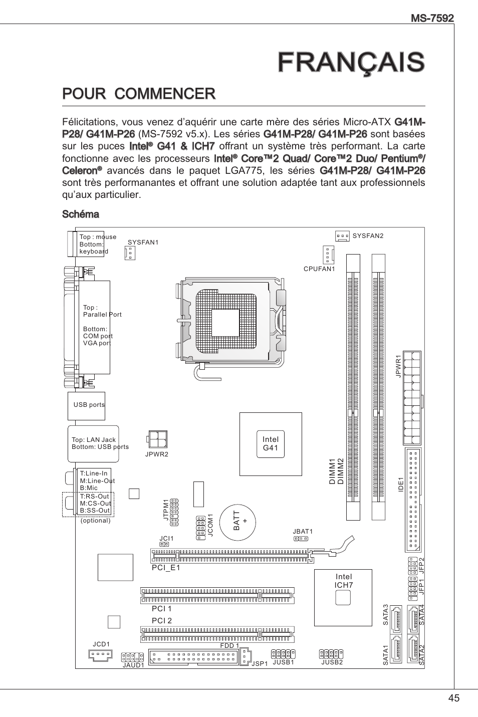 Français, Pour commencer, Core™2 quad/ core™2 duo/ pentium | Celeron | MSI G41M-P26 User Manual | Page 45 / 155