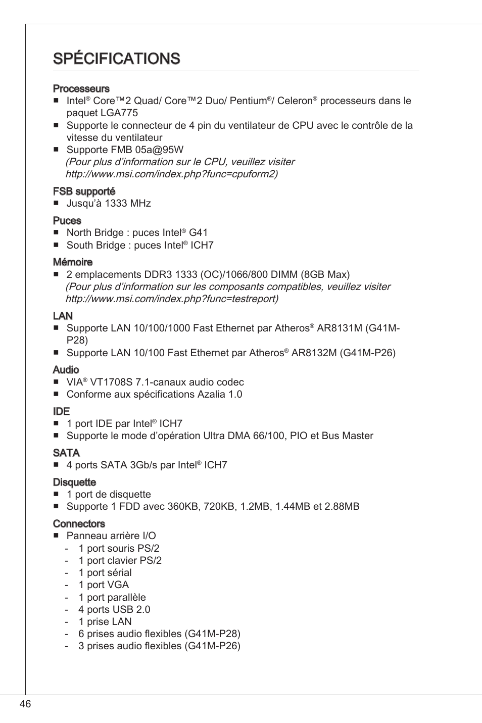 Spécifications | MSI G41M-P26 User Manual | Page 46 / 155