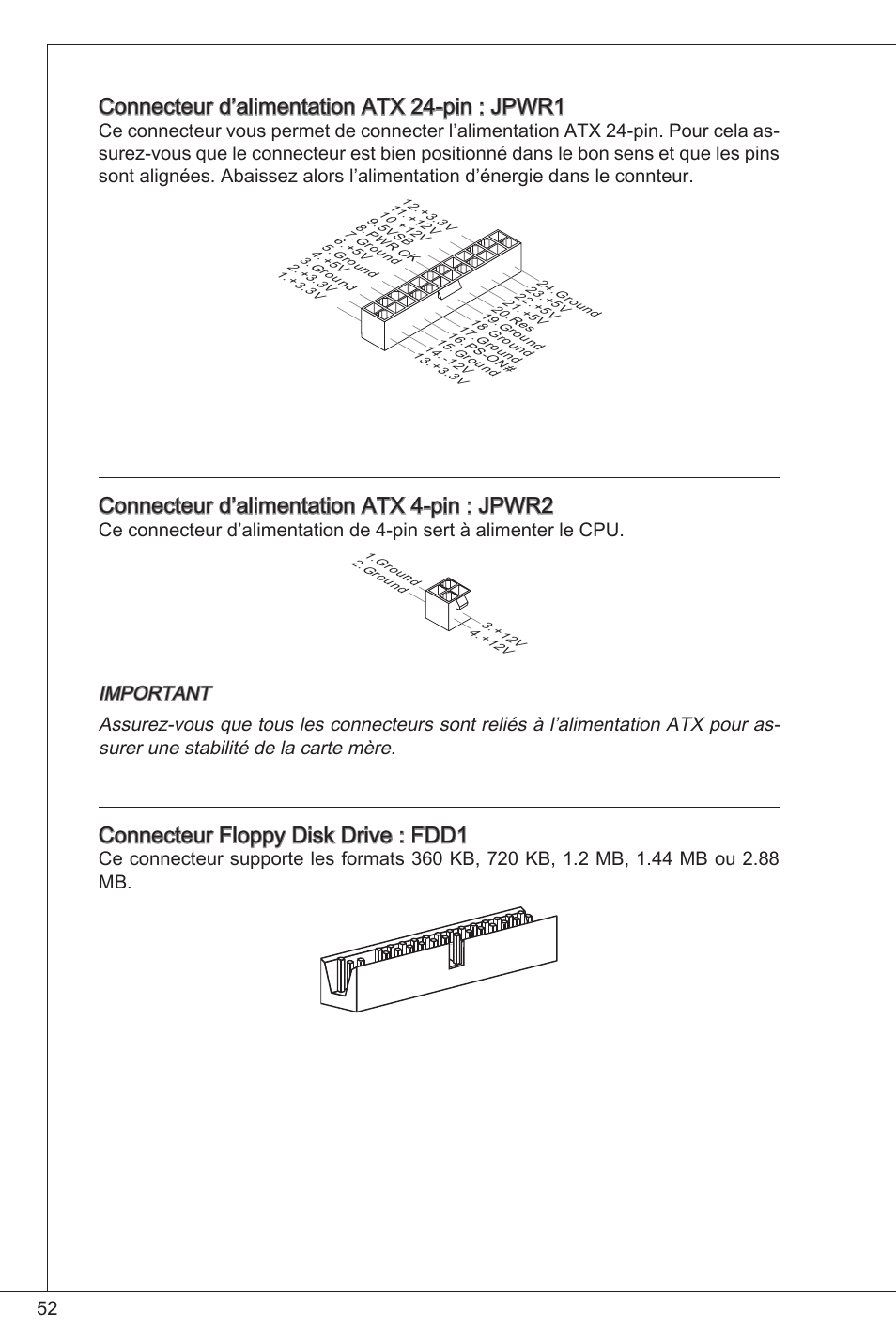 Connecteur d’alimentation atx 24-pin : jpwr, Connecteur d’alimentation atx 4-pin : jpwr2, Connecteur floppy disk drive : fdd | MSI G41M-P26 User Manual | Page 52 / 155