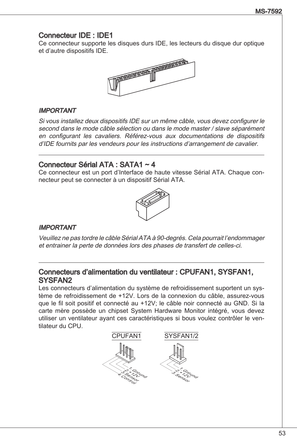 Connecteur ide : ide, Connecteur sérial ata : sata ~ 4 | MSI G41M-P26 User Manual | Page 53 / 155