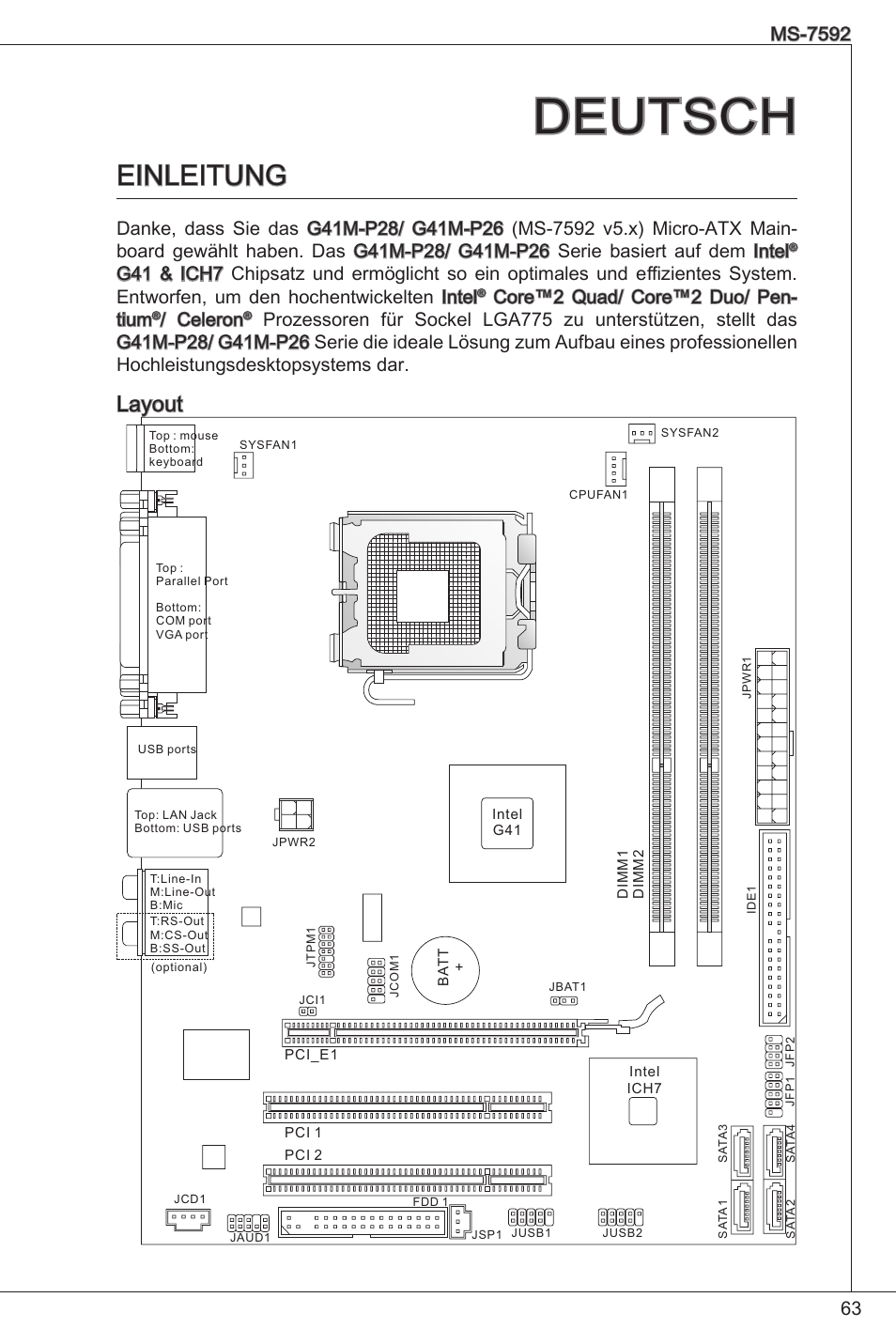 Deutsch, Einleitung, Layout | Core™2 quad/ core™2 duo/ pen- tium, Celeron | MSI G41M-P26 User Manual | Page 63 / 155