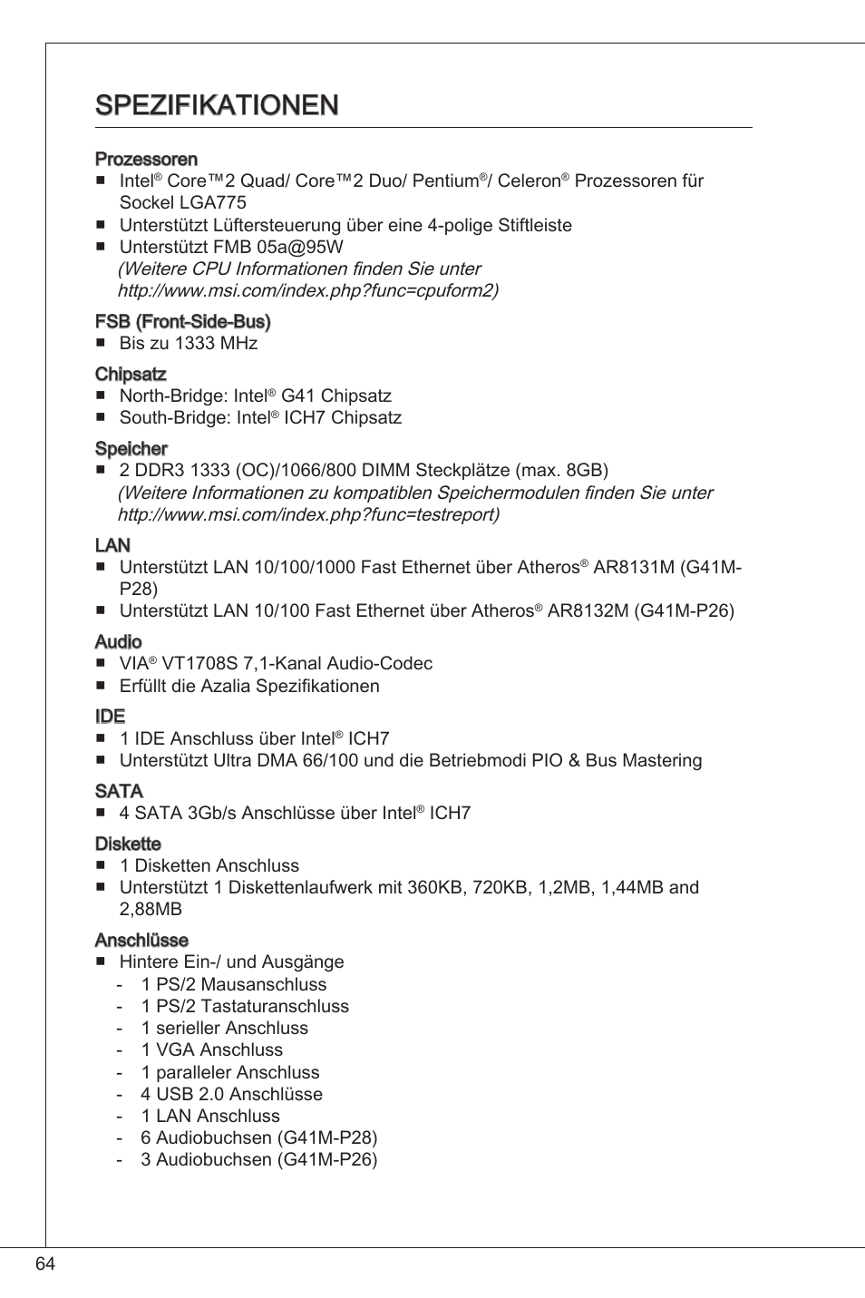 Spezifikationen | MSI G41M-P26 User Manual | Page 64 / 155