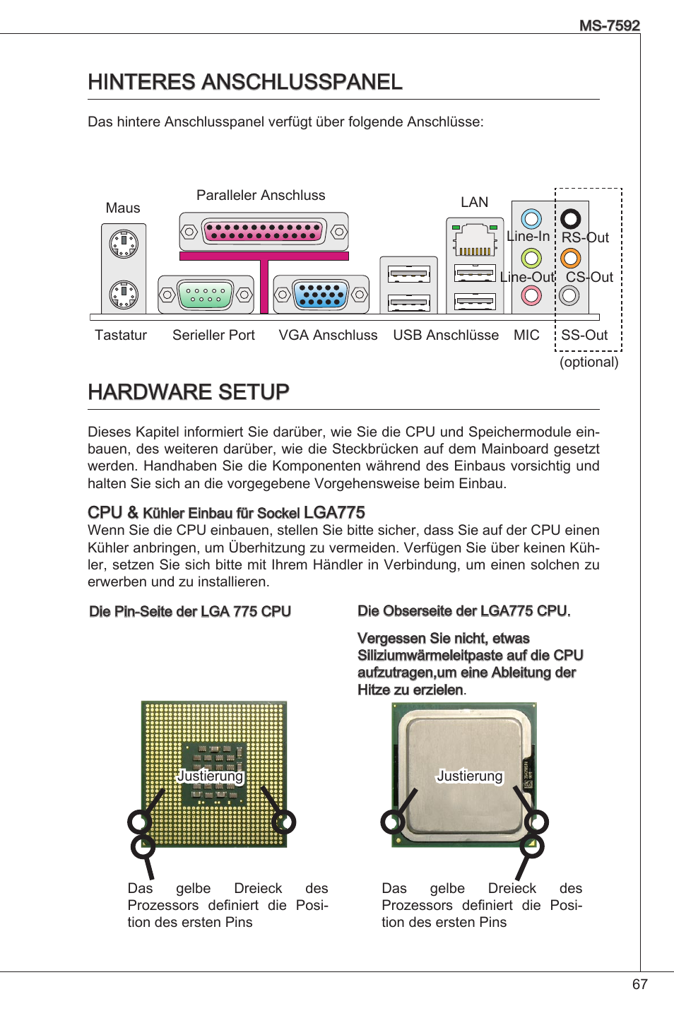 Hinteres anschlusspanel, Hardware setup, Hinteres anschlusspanel hardware setup | MSI G41M-P26 User Manual | Page 67 / 155