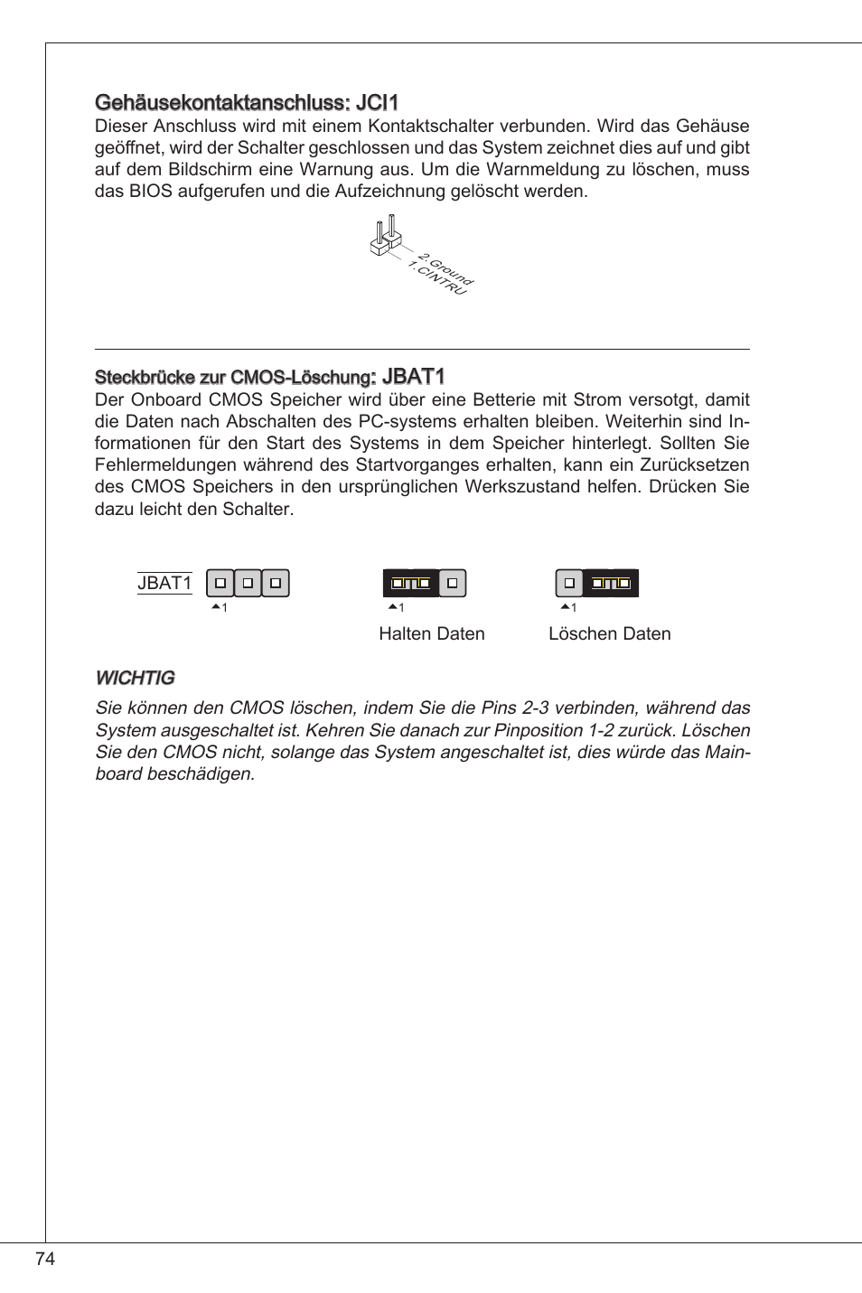 Gehäusekontaktanschluss: jci, Jbat | MSI G41M-P26 User Manual | Page 74 / 155