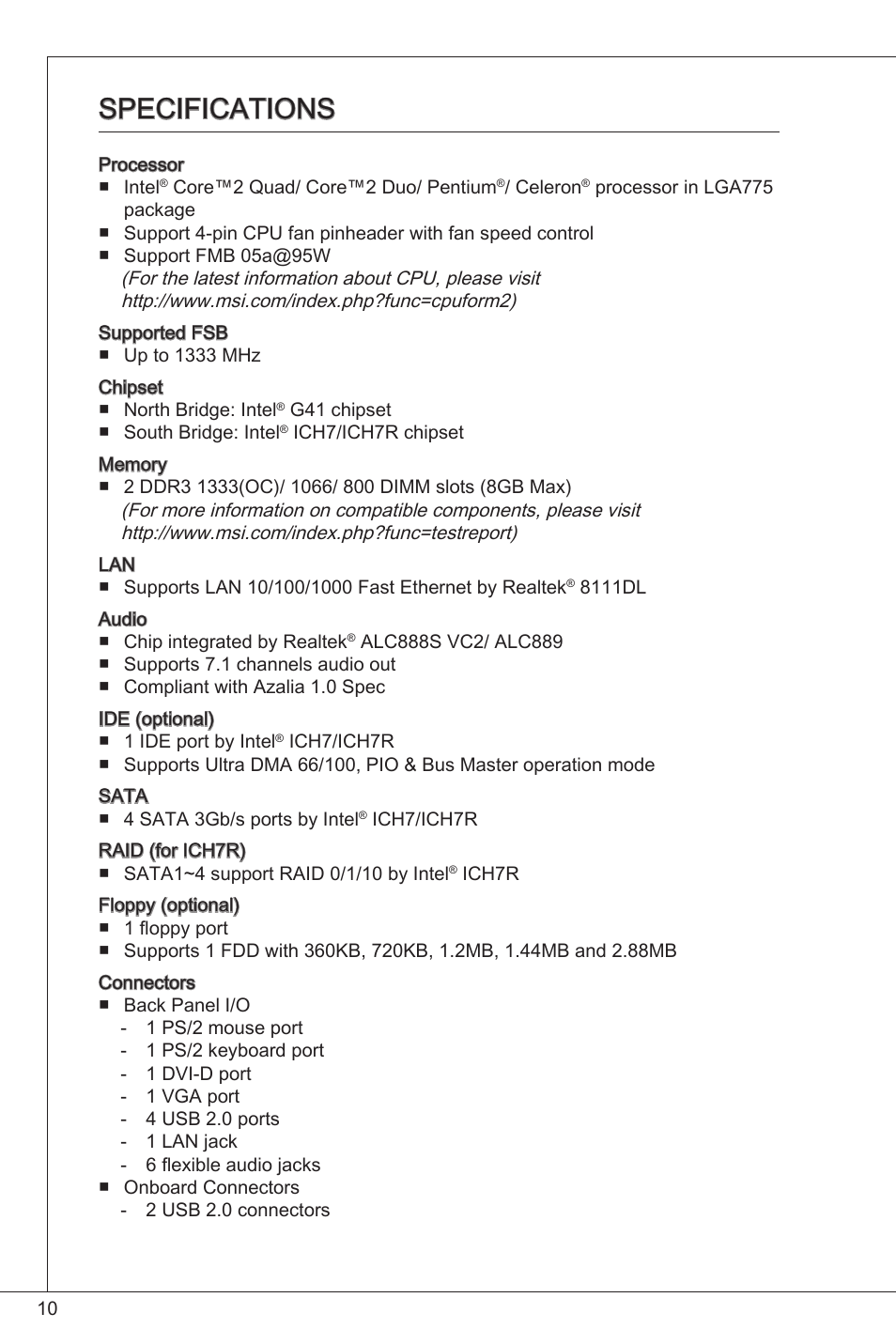 Specifications | MSI G41M-P25 User Manual | Page 10 / 155