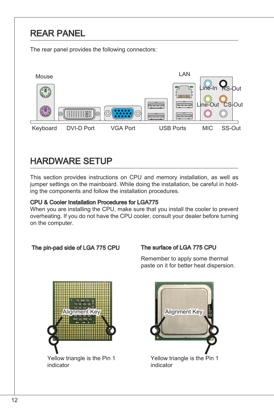 Rear panel, Hardware setup | MSI G41M-P25 User Manual | Page 12 / 155