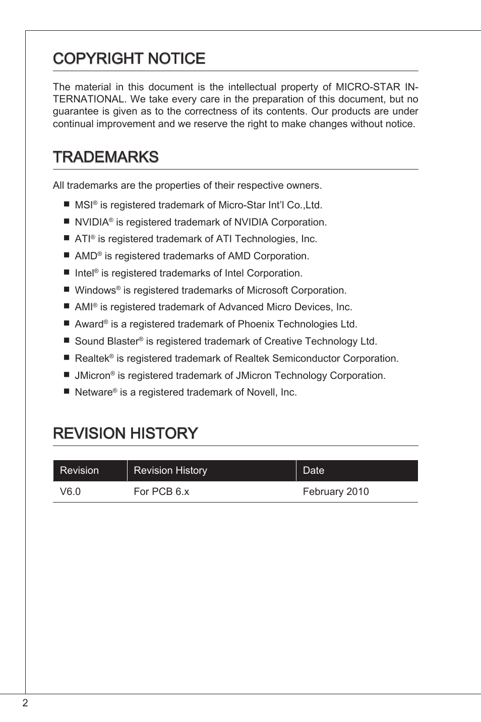 Copyright notice, Trademarks, Revision history | MSI G41M-P25 User Manual | Page 2 / 155