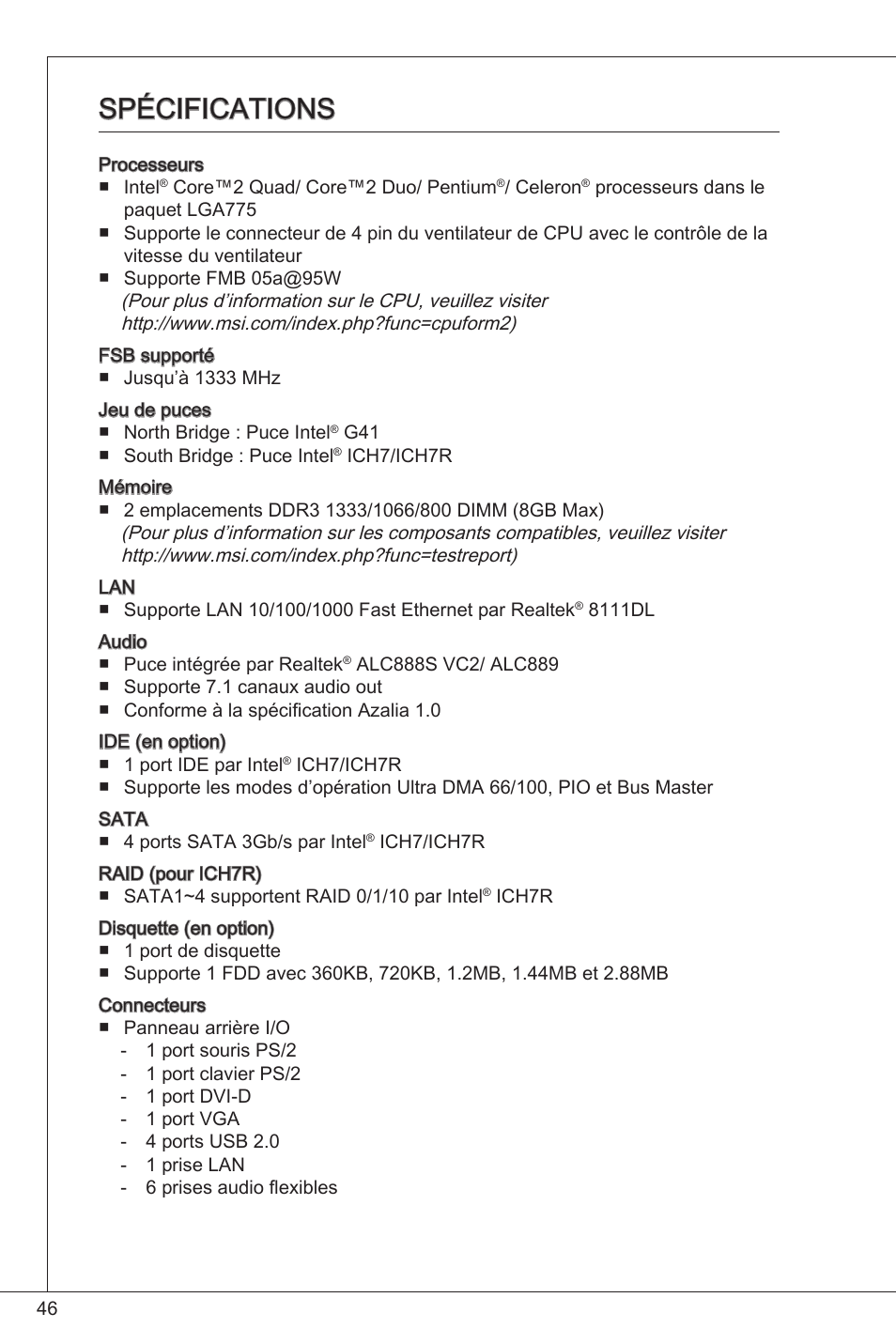 Spécifications | MSI G41M-P25 User Manual | Page 46 / 155