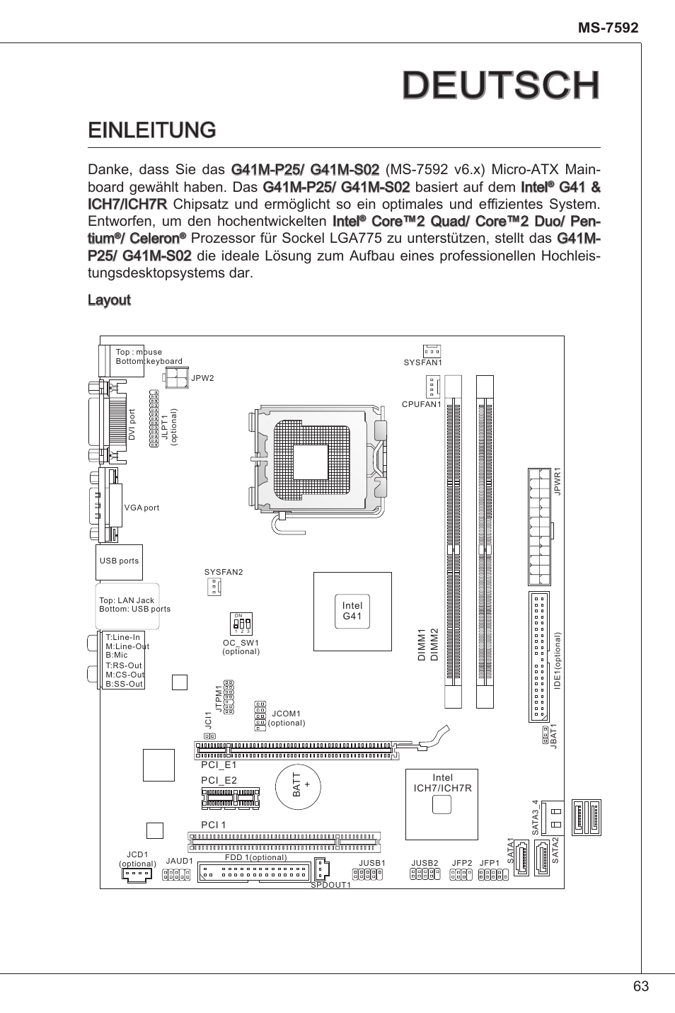 Deutsch, Einleitung, Core™2 quad/ core™2 duo/ pen- tium | Celeron | MSI G41M-P25 User Manual | Page 63 / 155