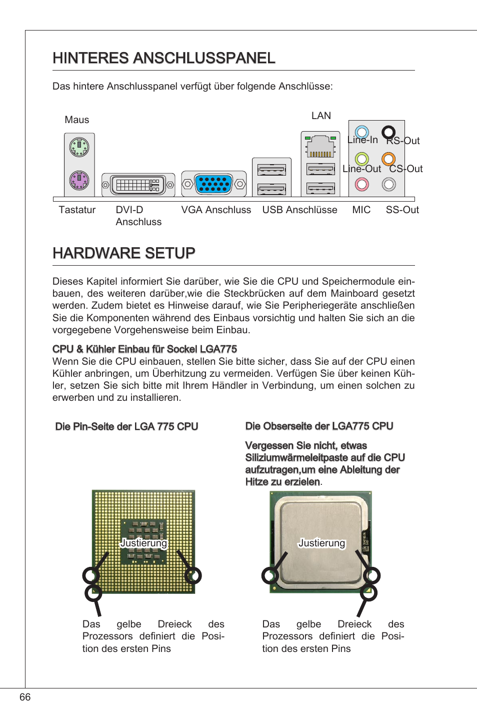 Hinteres anschlusspanel, Hardware setup, Hinteres anschlusspanel hardware setup | MSI G41M-P25 User Manual | Page 66 / 155