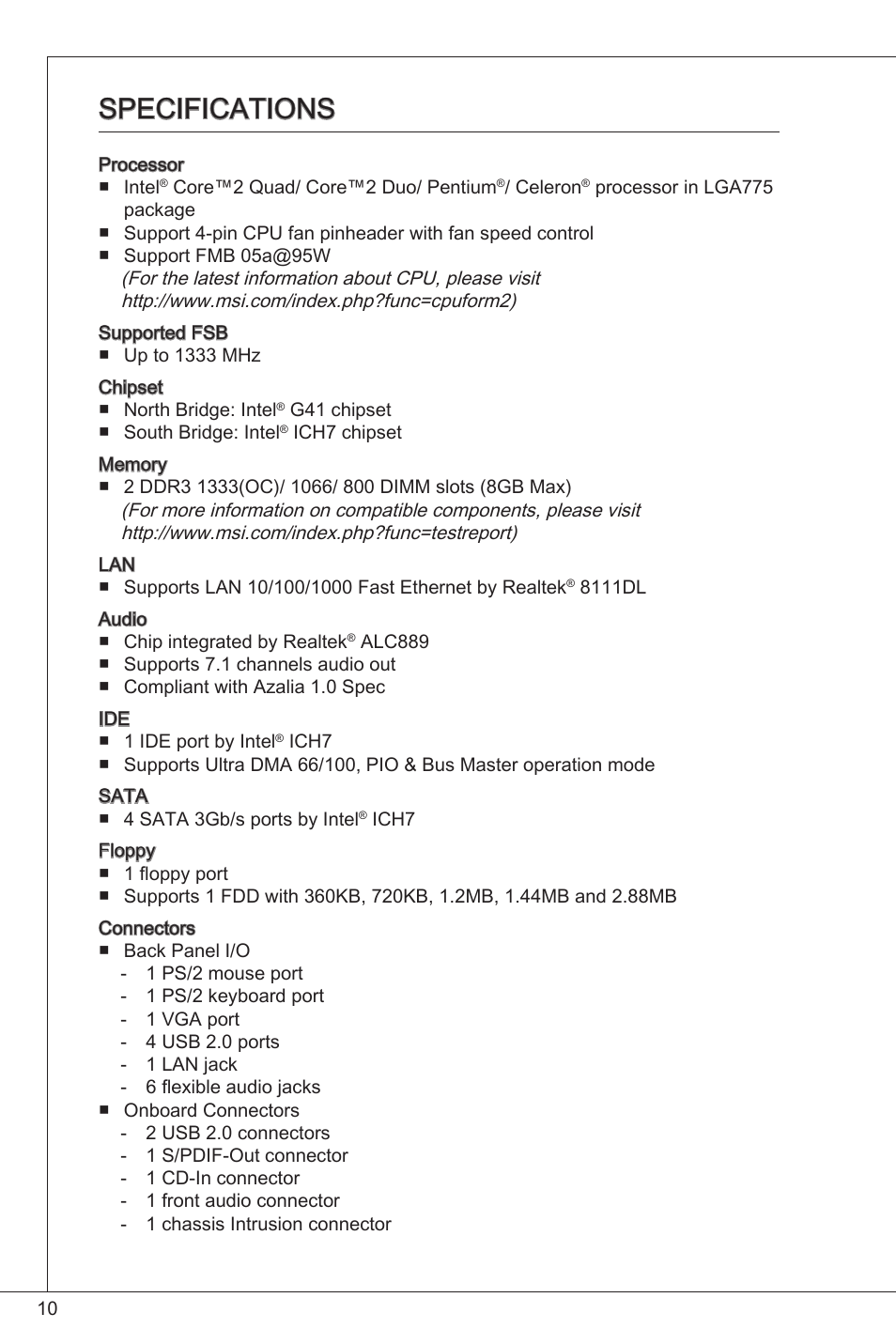 Specifications | MSI G41M-P23 User Manual | Page 10 / 155