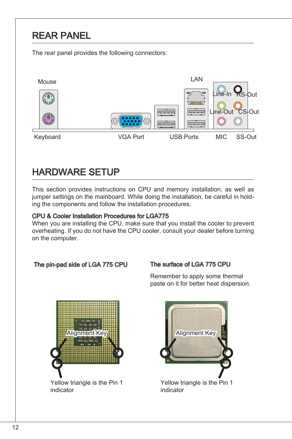 Rear panel, Hardware setup | MSI G41M-P23 User Manual | Page 12 / 155