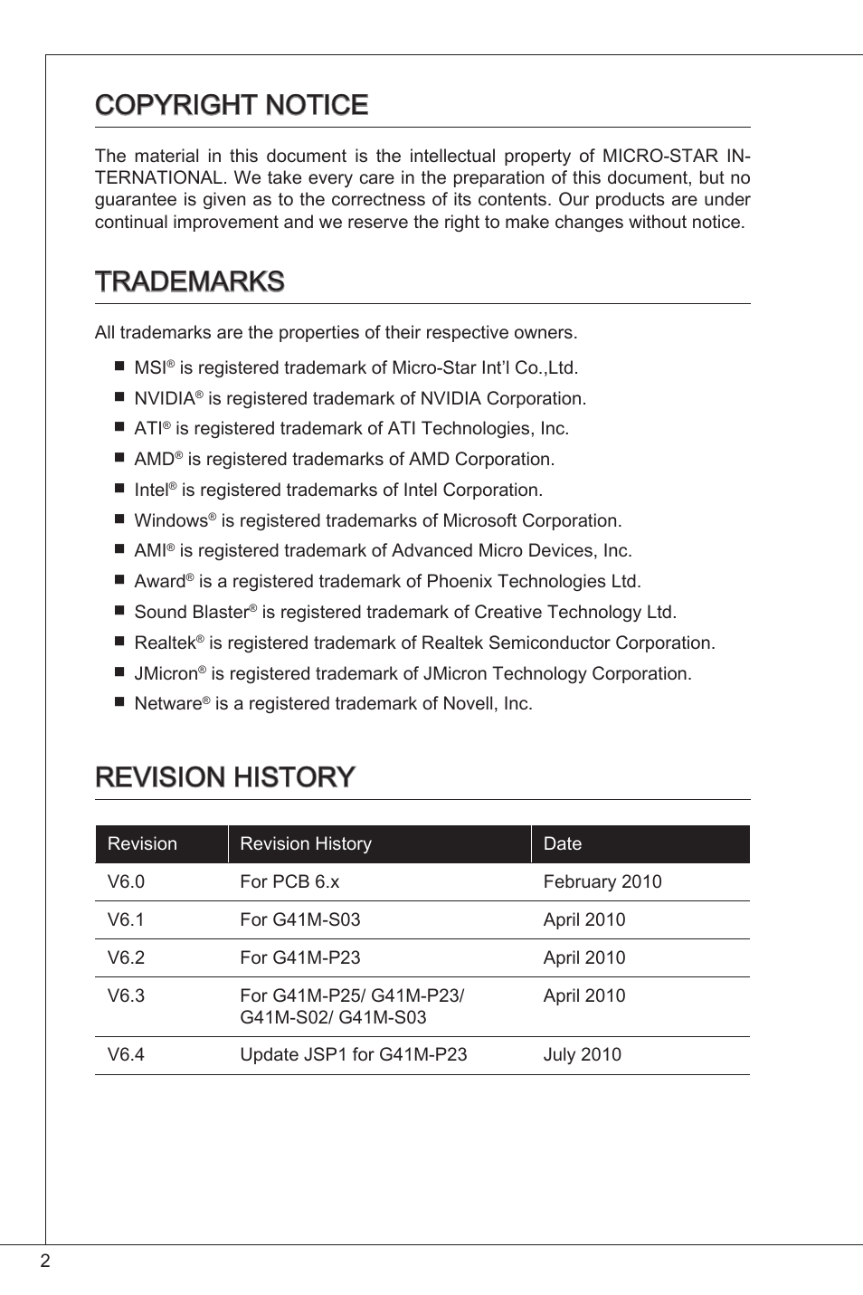 Copyright notice, Trademarks, Revision history | MSI G41M-P23 User Manual | Page 2 / 155