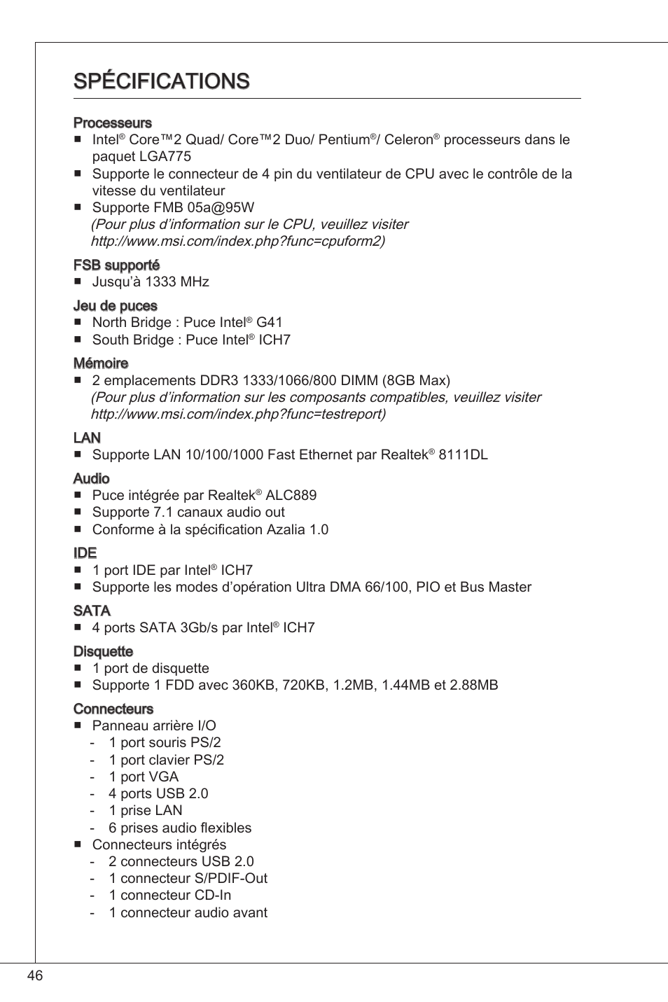 Spécifications | MSI G41M-P23 User Manual | Page 46 / 155
