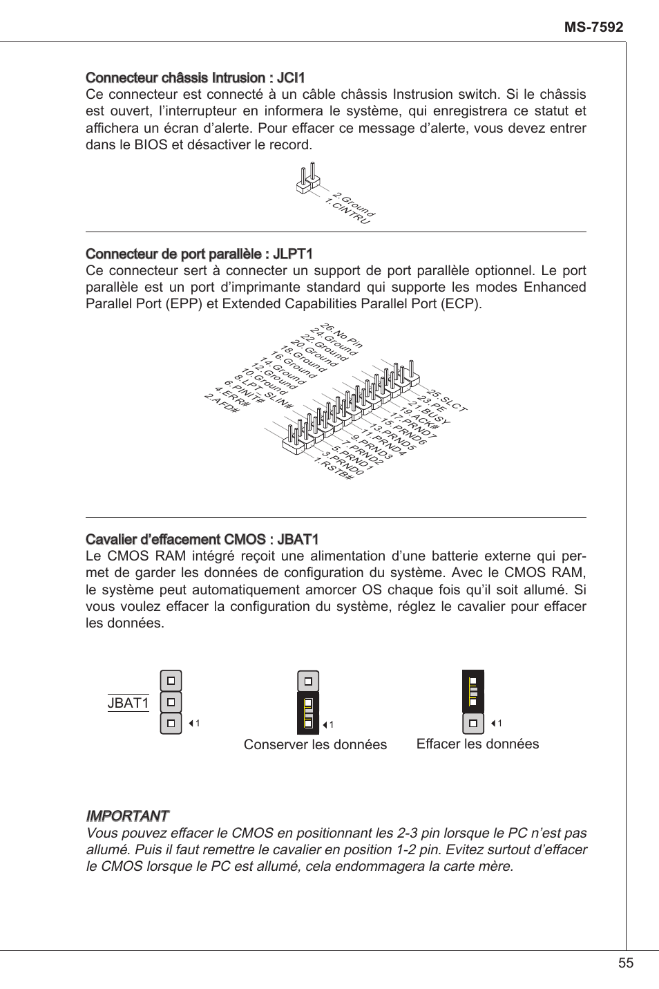 Jbat, Conserver les données effacer les données | MSI G41M-P23 User Manual | Page 55 / 155