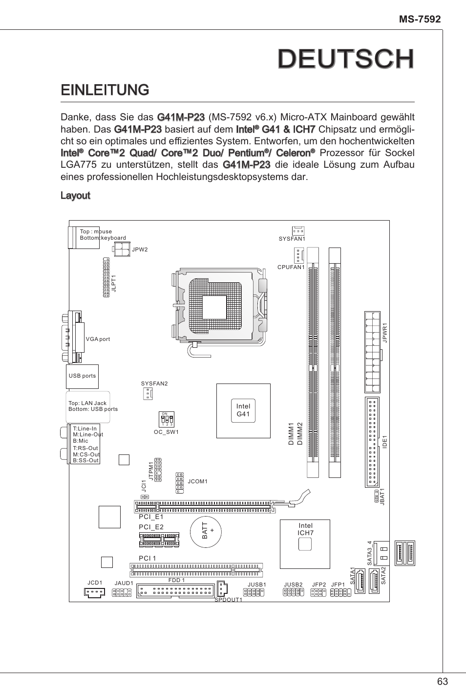 Deutsch, Einleitung, Core™2 quad/ core™2 duo/ pentium | Celeron | MSI G41M-P23 User Manual | Page 63 / 155