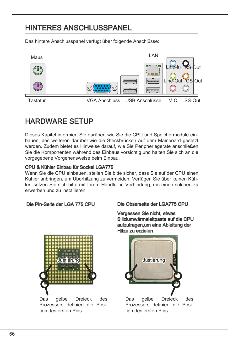 Hinteres anschlusspanel, Hardware setup, Hinteres anschlusspanel hardware setup | MSI G41M-P23 User Manual | Page 66 / 155