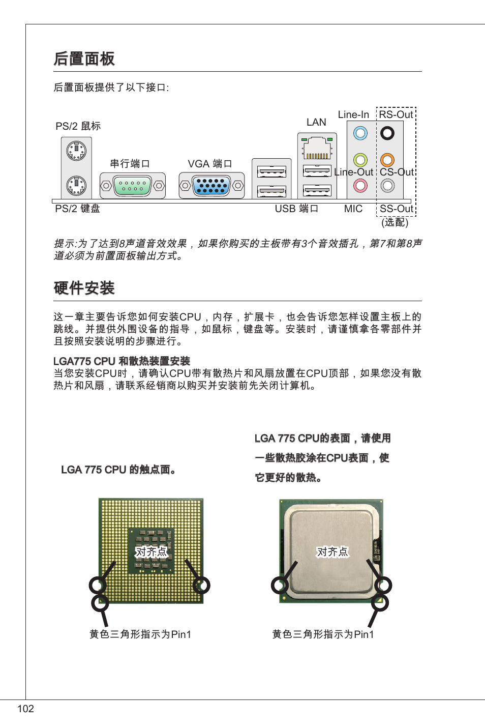 后置面板, 硬件安装 | MSI G31TM-P21 User Manual | Page 102 / 153