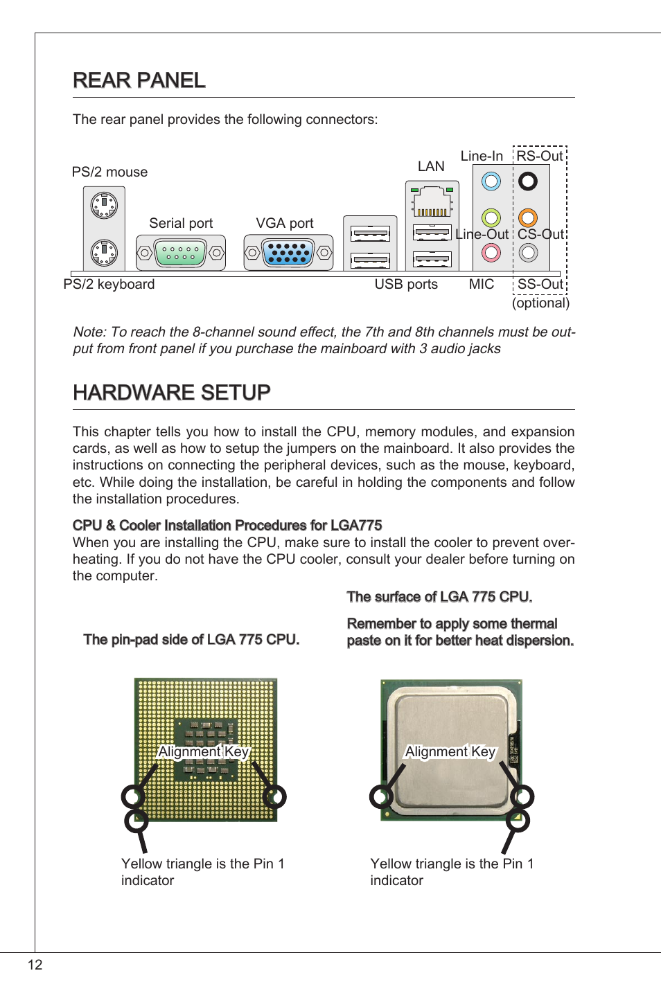 Rear panel, Hardware setup | MSI G31TM-P21 User Manual | Page 12 / 153