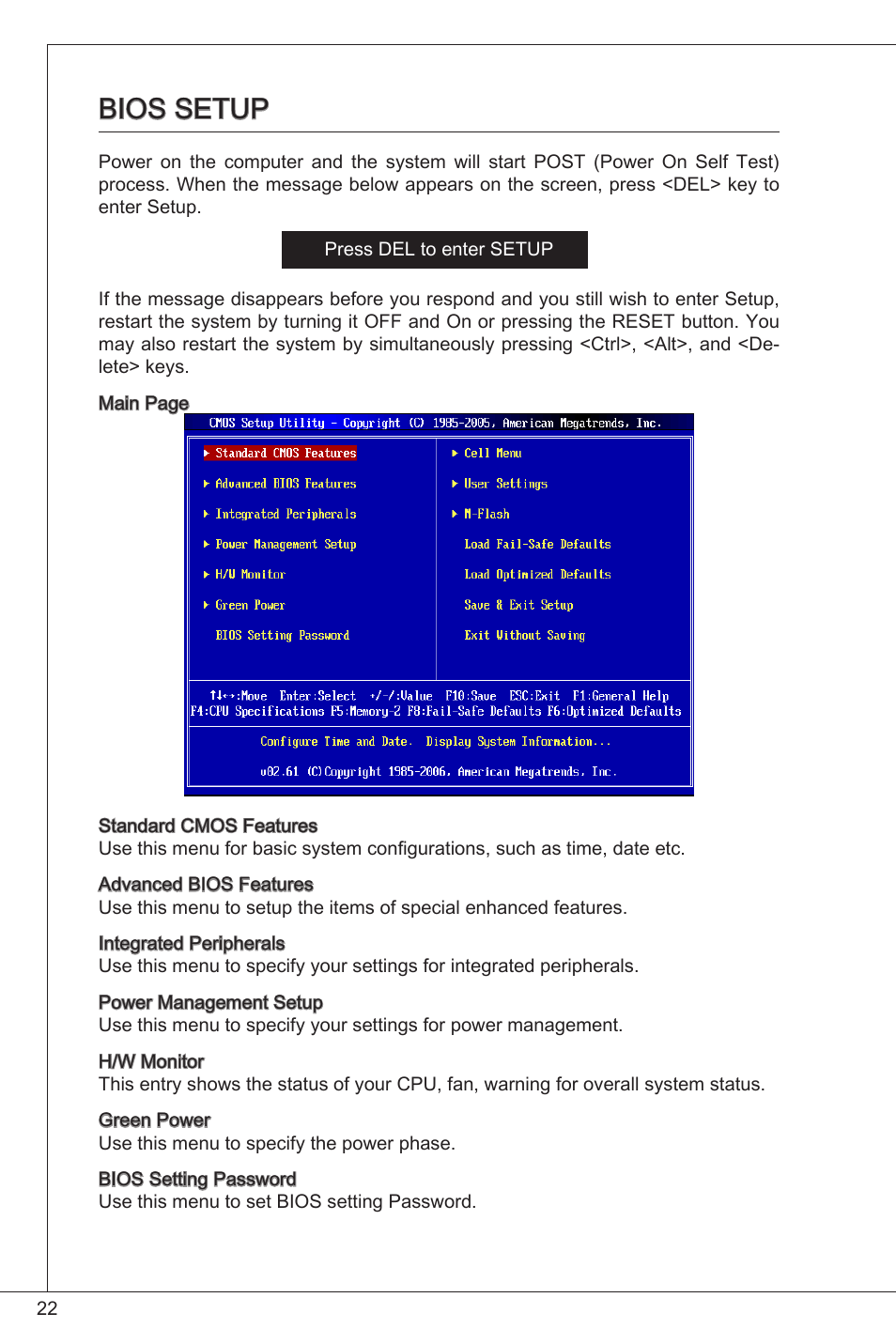 Bios setup | MSI G31TM-P21 User Manual | Page 22 / 153