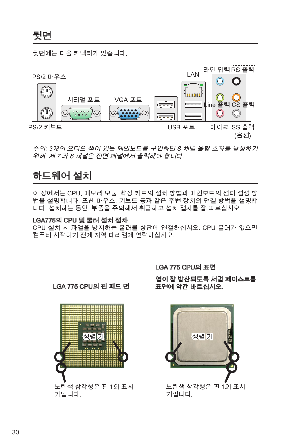 뒷면 하드웨어 설치, 하드웨어 설치 | MSI G31TM-P21 User Manual | Page 30 / 153