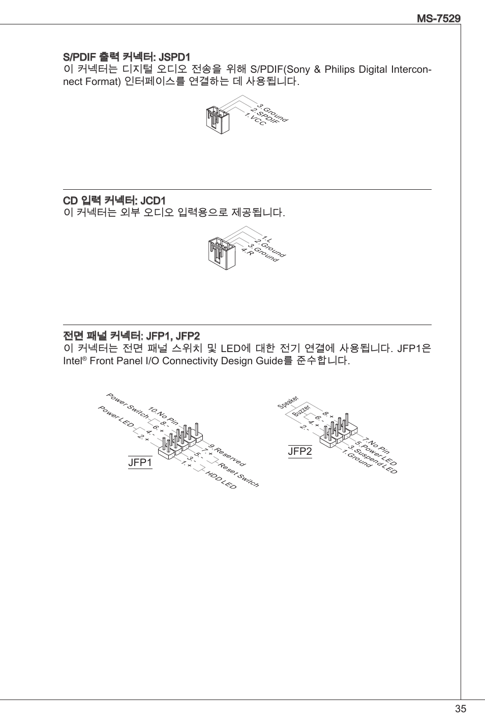 Cd 입력 커넥터: jcd 이 커넥터는 외부 오디오 입력용으로 제공됩니다, Front panel i/o connectivity design guide를 준수합니다, Jfp2 | MSI G31TM-P21 User Manual | Page 35 / 153