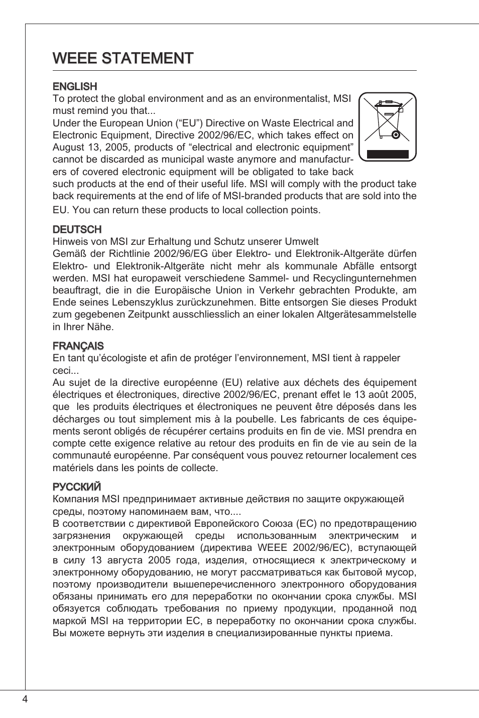 Weee statement | MSI G31TM-P21 User Manual | Page 4 / 153