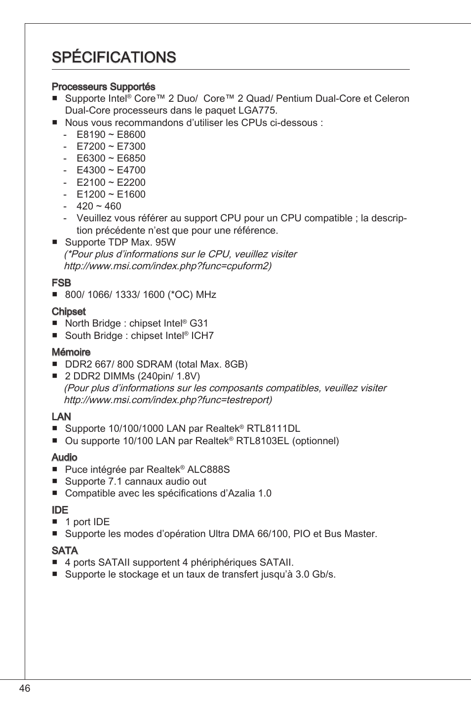 Spécifications | MSI G31TM-P21 User Manual | Page 46 / 153