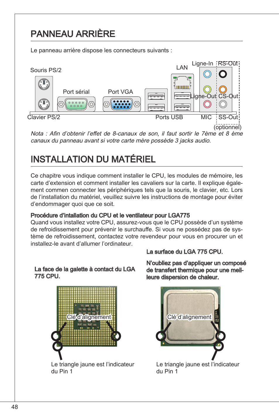 Panneau arrière installation du matériel, Panneau arrière, Installation du matériel | MSI G31TM-P21 User Manual | Page 48 / 153