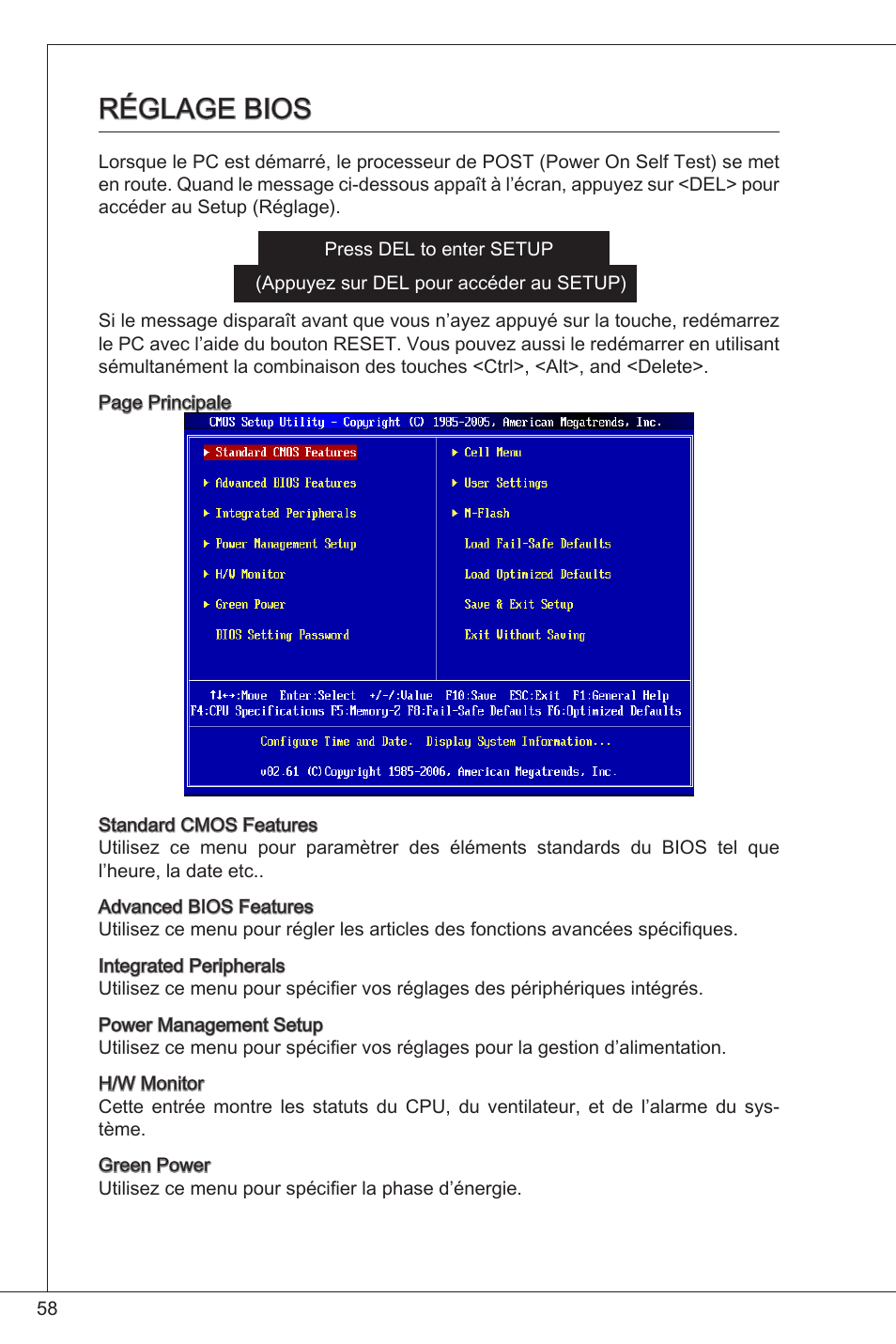 Réglage bios | MSI G31TM-P21 User Manual | Page 58 / 153