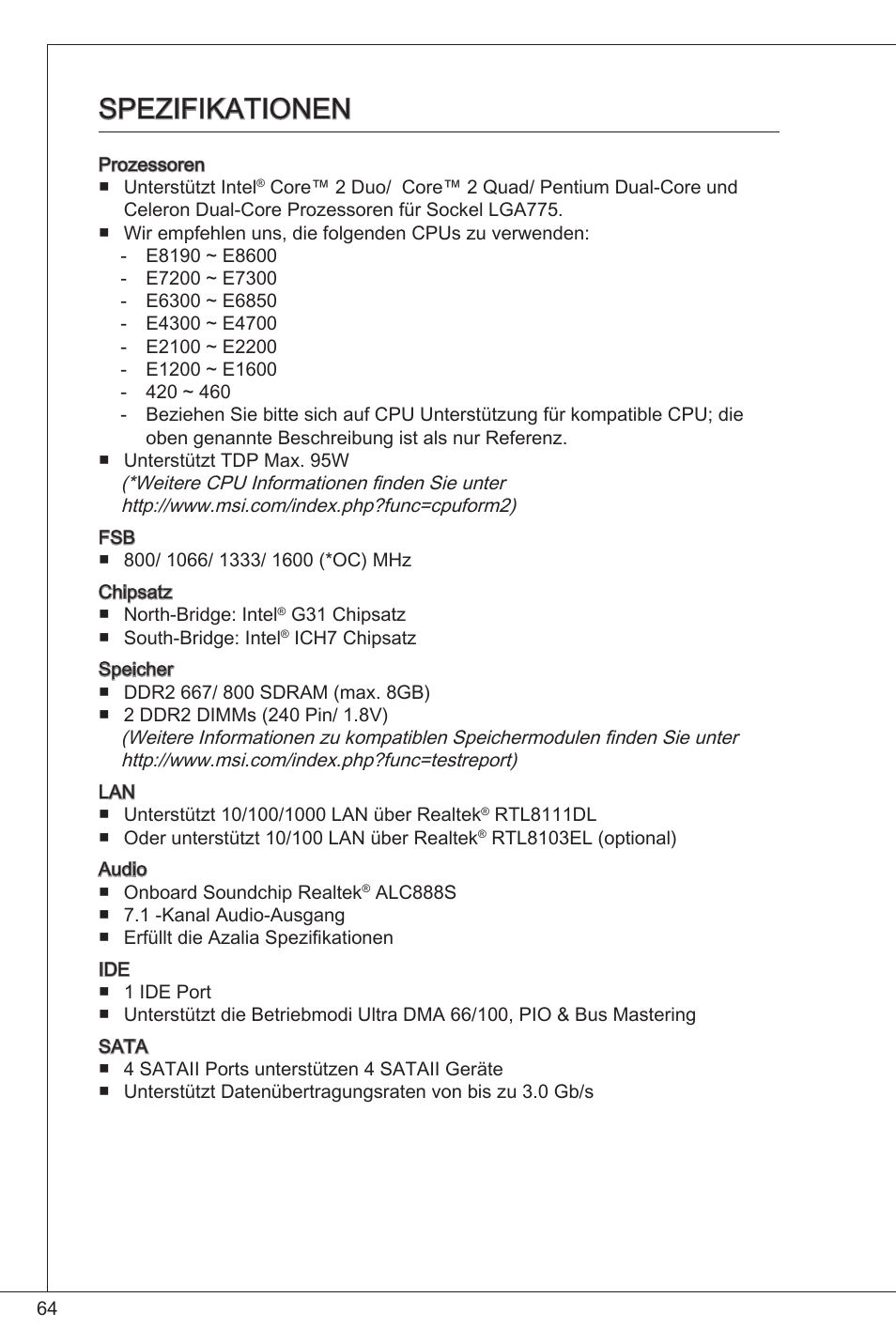 Spezifikationen | MSI G31TM-P21 User Manual | Page 64 / 153