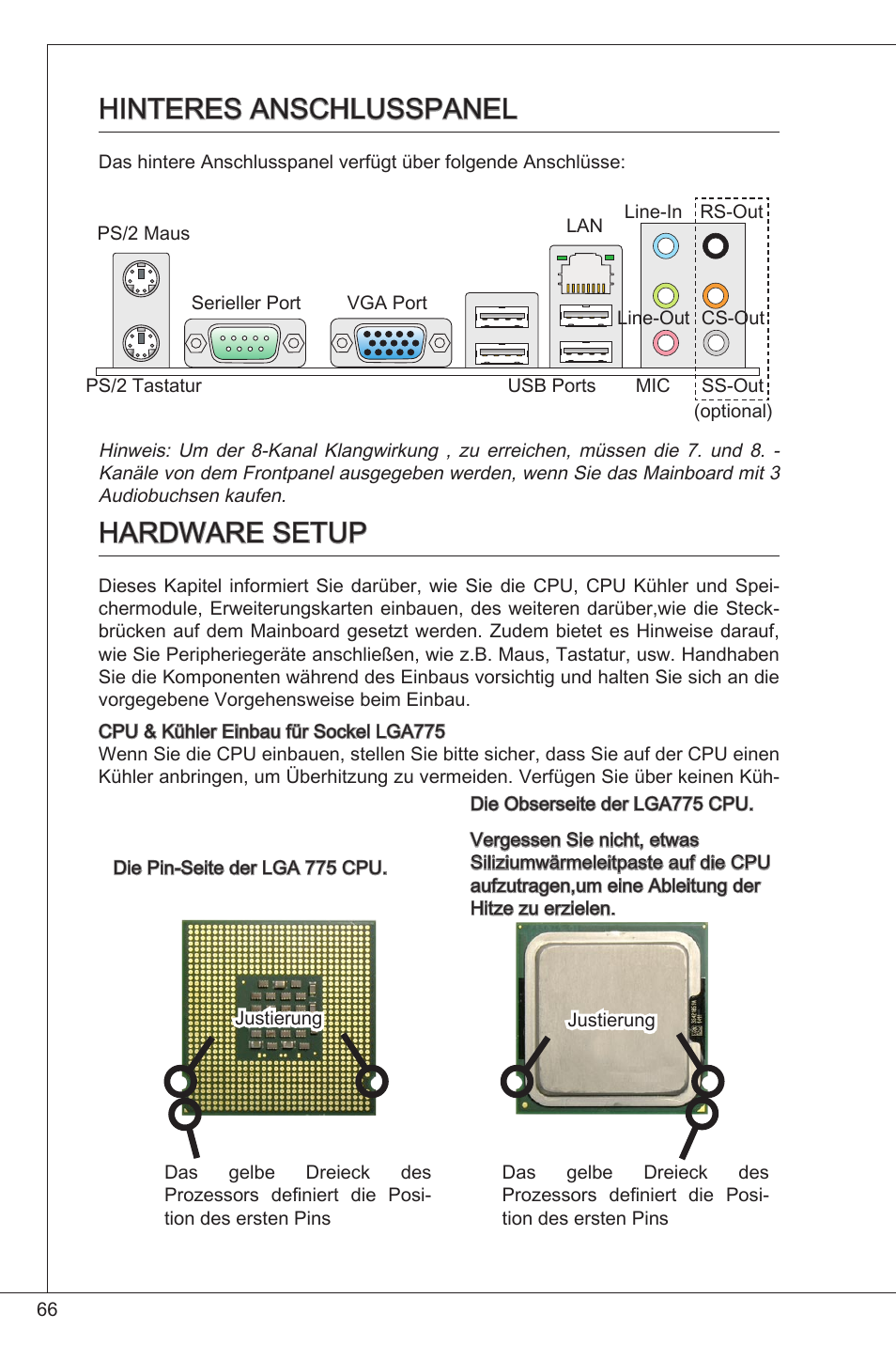 Hinteres anschlusspanel hardware setup, Hinteres anschlusspanel, Hardware setup | MSI G31TM-P21 User Manual | Page 66 / 153