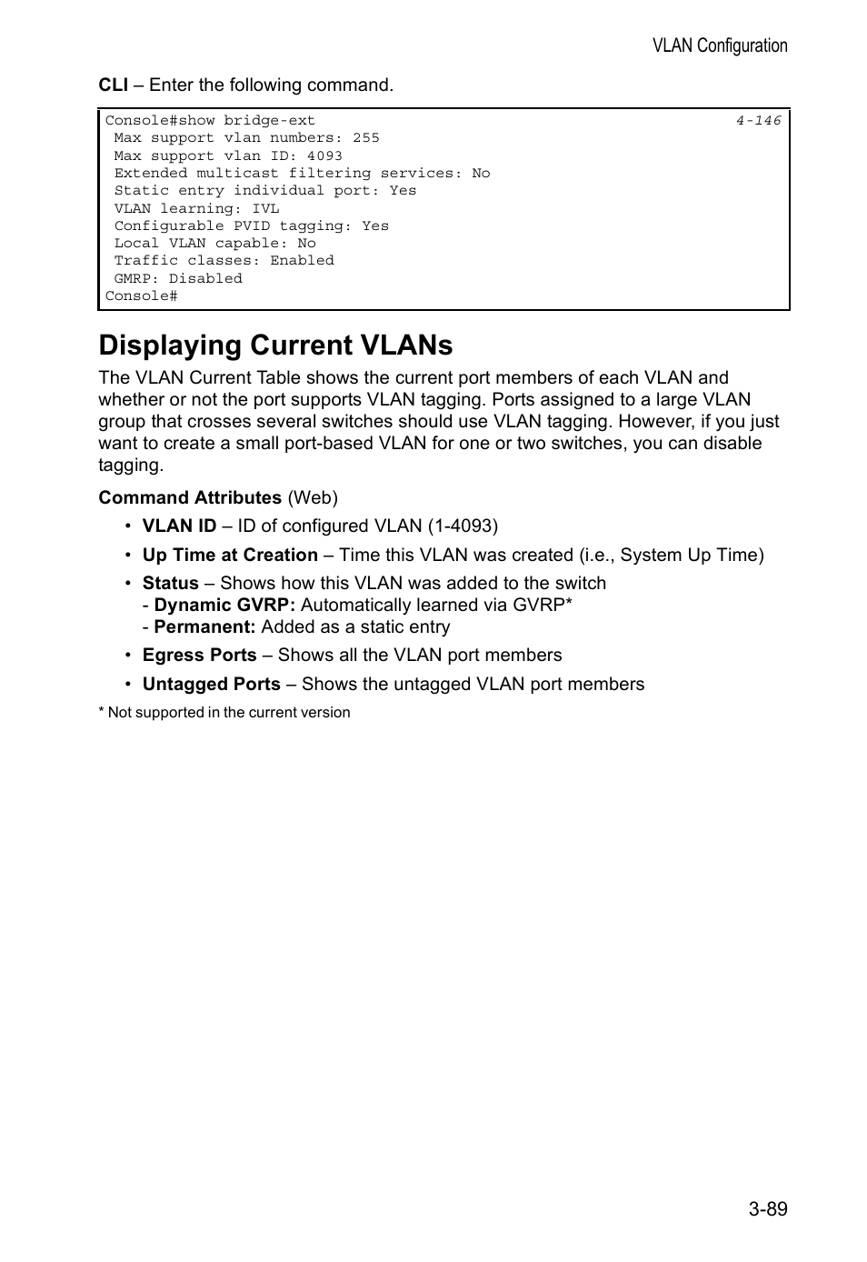 Displaying current vlans | Accton Technology VS4512DC User Manual | Page 119 / 334