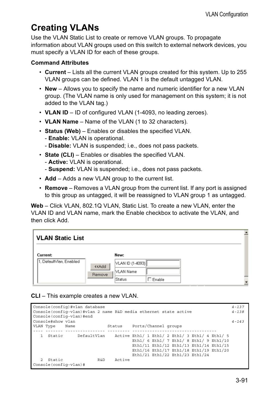 Creating vlans | Accton Technology VS4512DC User Manual | Page 121 / 334
