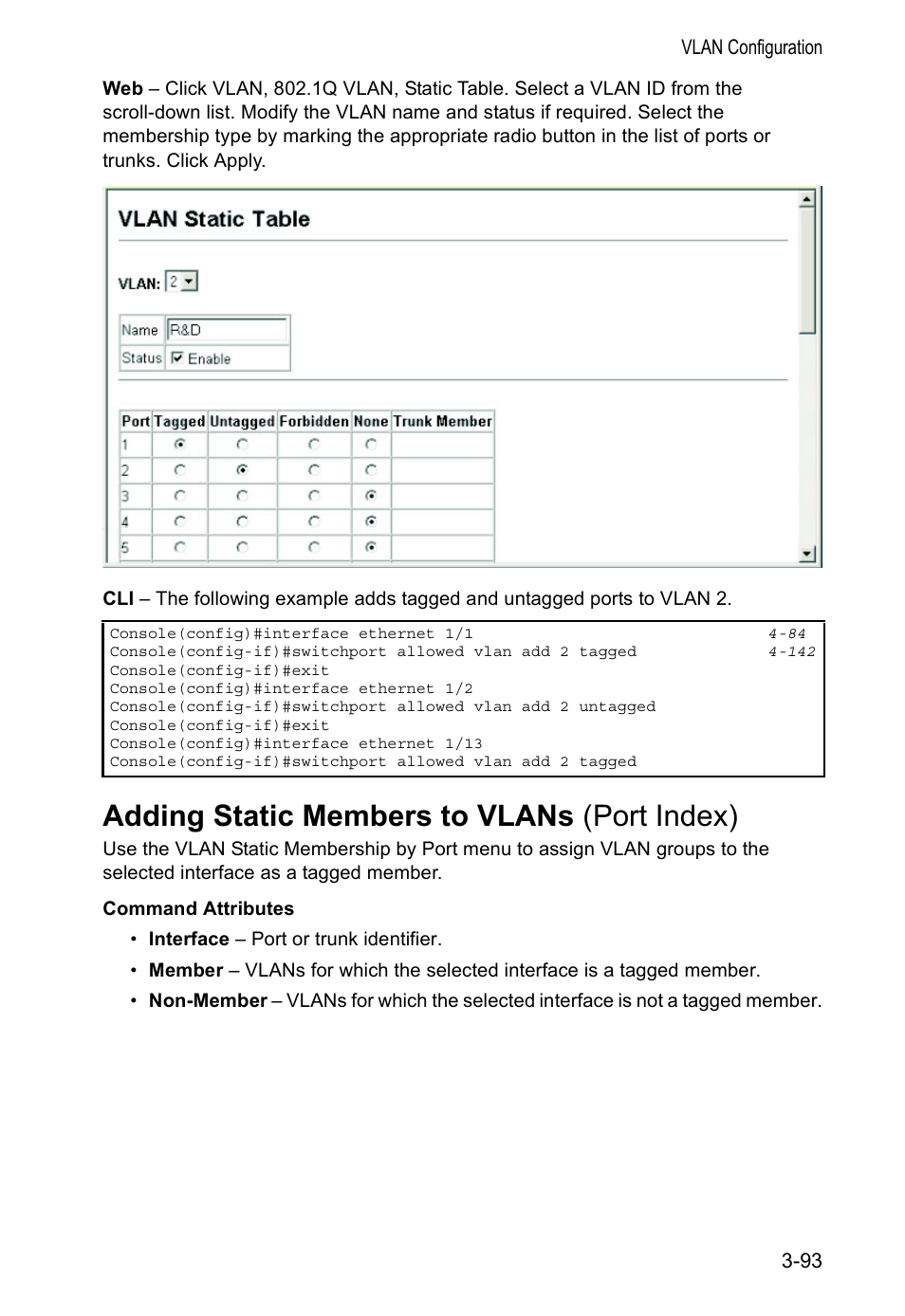 Adding static members to vlans (port index) | Accton Technology VS4512DC User Manual | Page 123 / 334