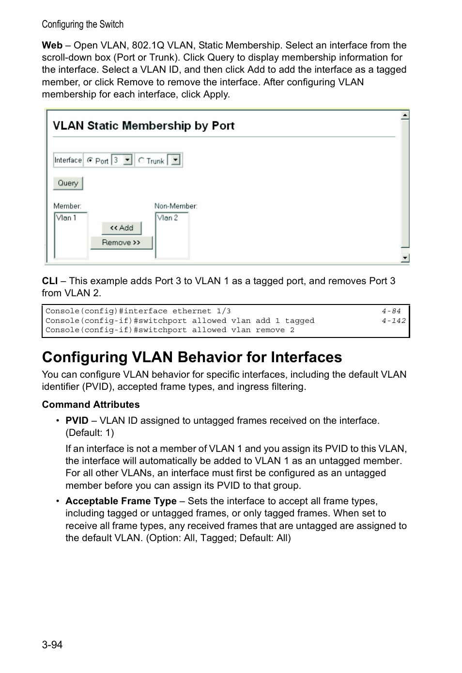 Configuring vlan behavior for interfaces | Accton Technology VS4512DC User Manual | Page 124 / 334