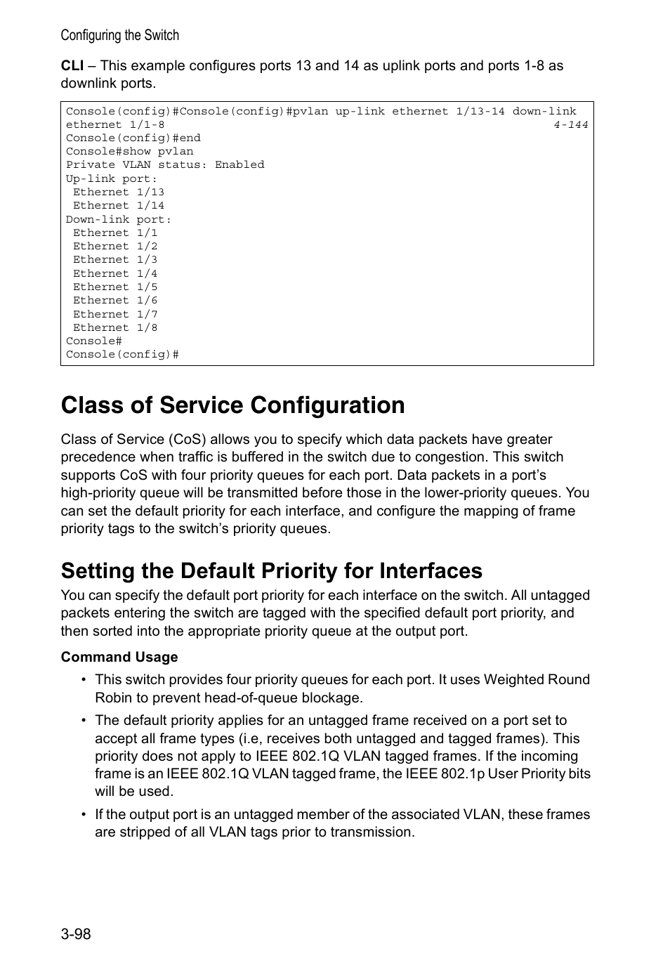 Class of service configuration, Setting the default priority for interfaces | Accton Technology VS4512DC User Manual | Page 128 / 334