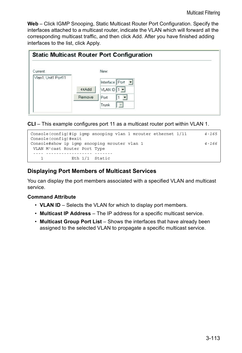 Displaying port members of multicast services | Accton Technology VS4512DC User Manual | Page 143 / 334