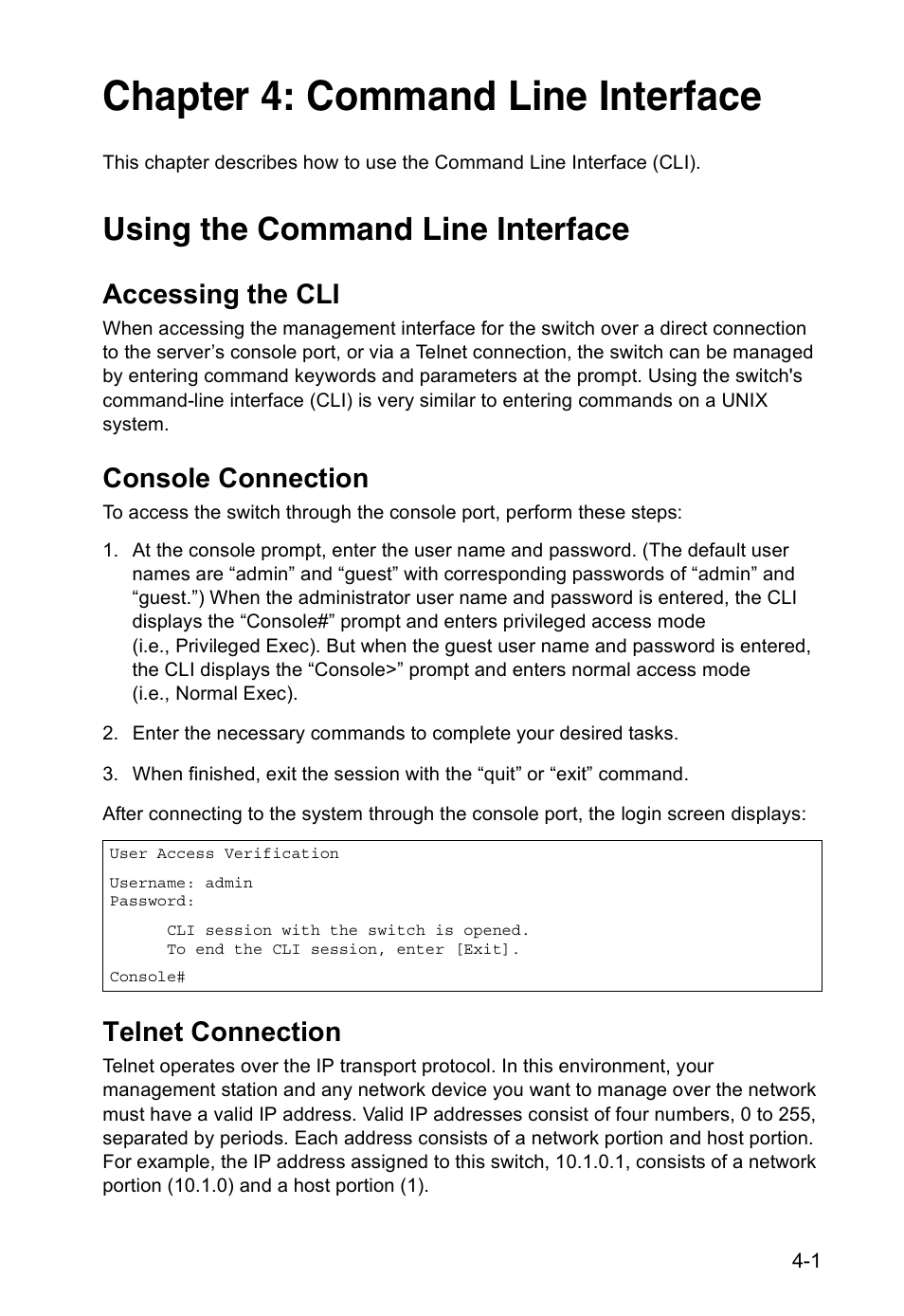 Chapter 4: command line interface, Using the command line interface, Accessing the cli | Console connection, Telnet connection, Chapter 4: “command line interface | Accton Technology VS4512DC User Manual | Page 147 / 334