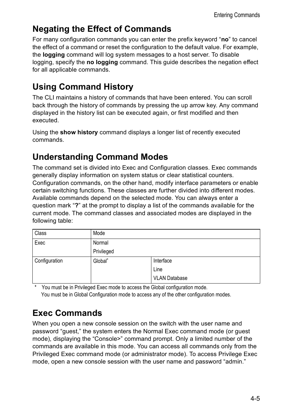 Negating the effect of commands, Using command history, Understanding command modes | Exec commands | Accton Technology VS4512DC User Manual | Page 151 / 334