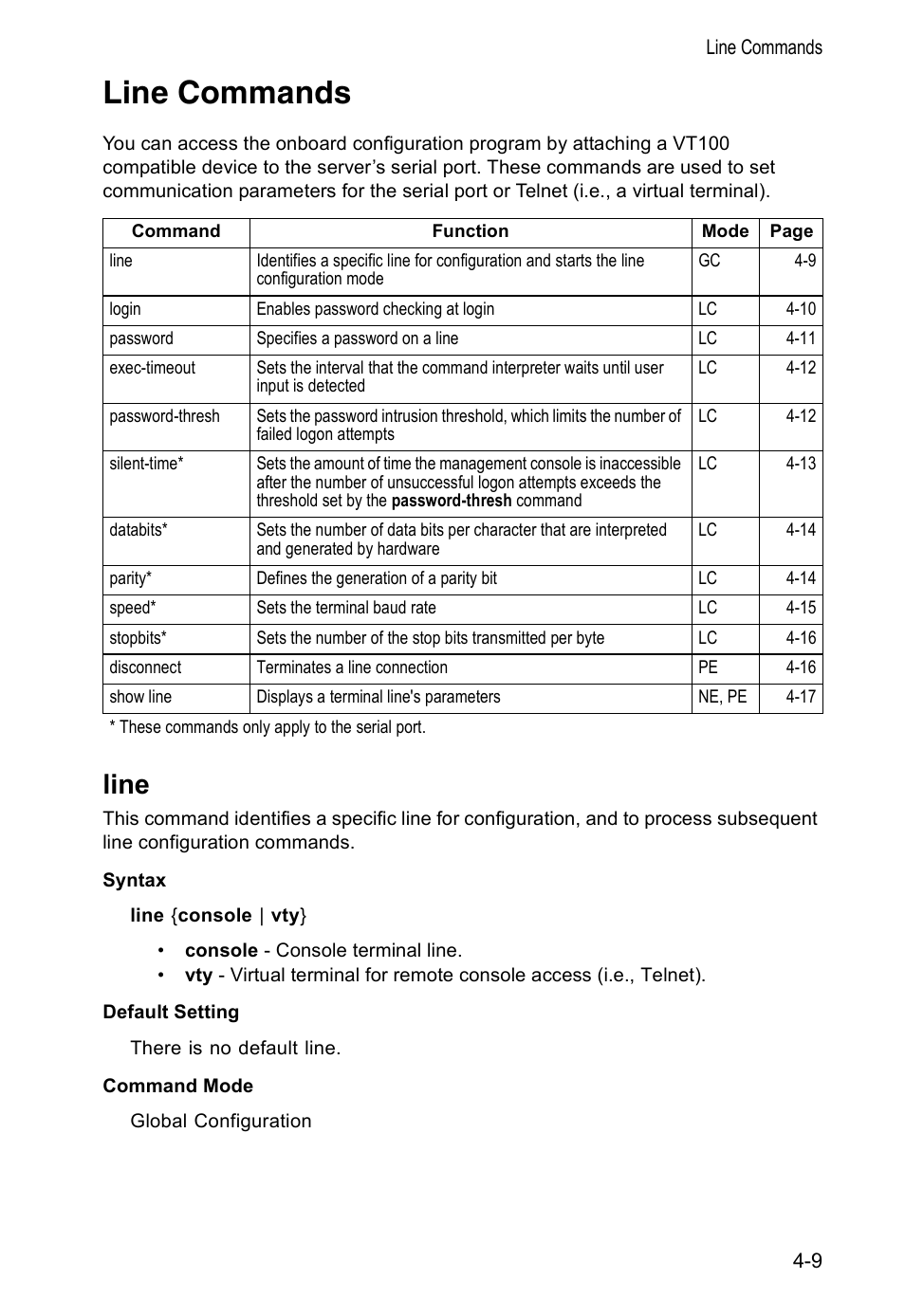 Line commands, Line, Line 4-9 | Accton Technology VS4512DC User Manual | Page 155 / 334