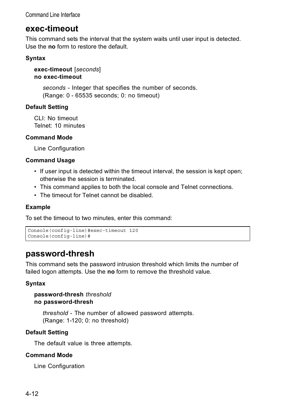 Exec-timeout, Password-thresh, Exec-timeout 4-12 password-thresh 4-12 | Password-thresh (4-12) | Accton Technology VS4512DC User Manual | Page 158 / 334